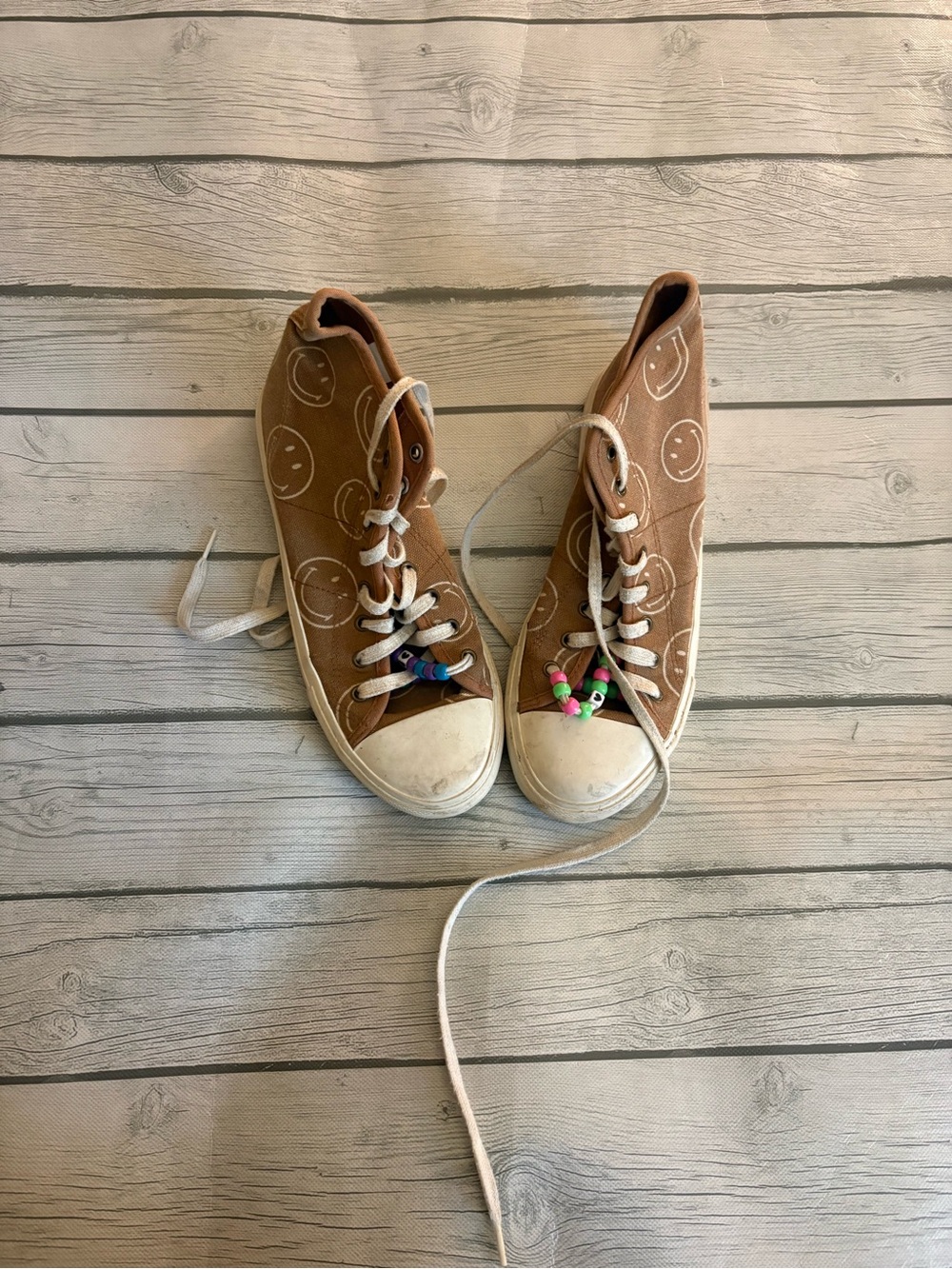 American Eagle Outfitters Brown Canvas High-Top Sneakers with Smiley Print